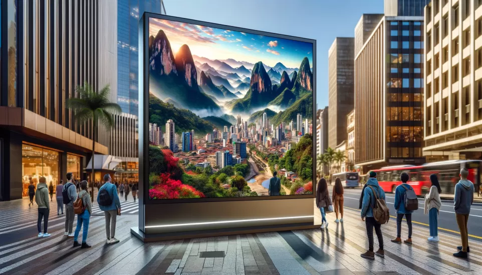 Utiliza&ccedil;&atilde;o de imagens de paisagens deslumbrantes da Serra Catarinense em pain&eacute;is de LED para atrair turistas para a regi&atilde;o.