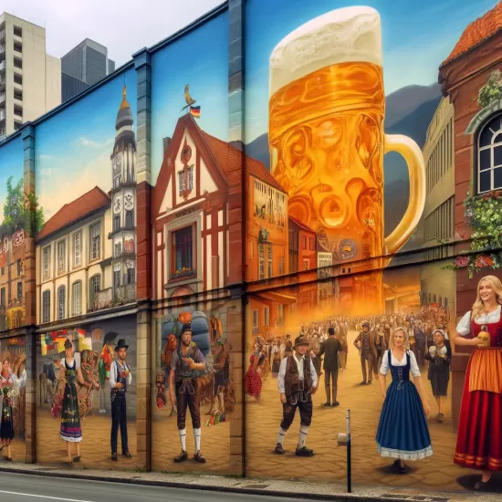 Pinturas tem&aacute;ticas em Empenas relacionadas &agrave; Oktoberfest em locais de destaque em Blumenau.